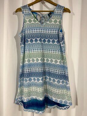 Pacific Beach Size M Blue Green Geometric Sleeveless Swing Dress Summer